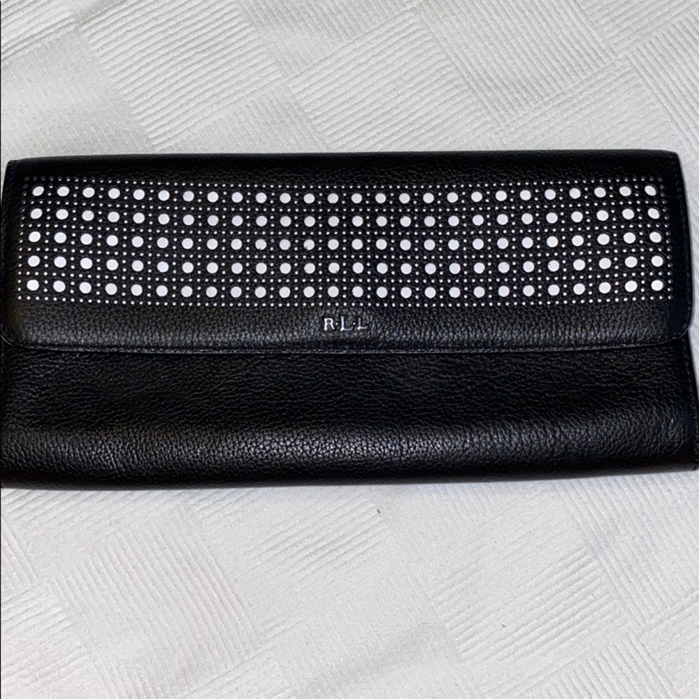 Black letter clutch with white polka dots detail